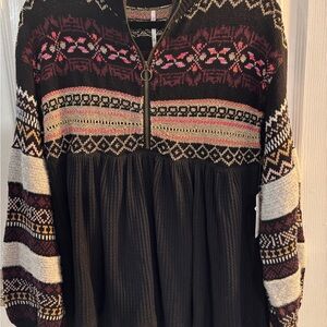 Free People Black Mixed-Knit Zip Sweater with Fair Isle Accents